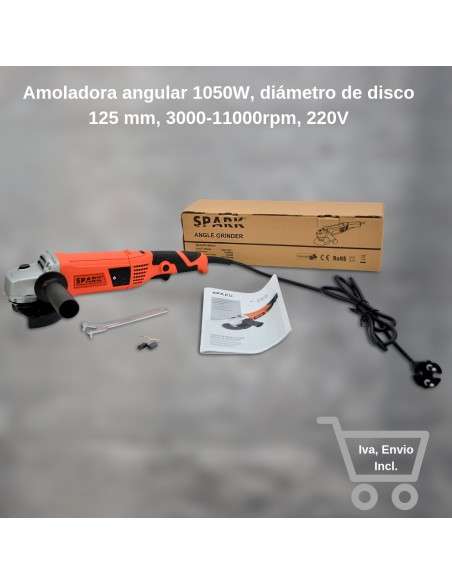 Spark - Amoladora angular 1050W, diámetro de disco 125 mm, 3000 - 11000rpm velocidad variable, 220V, mango auxiliar regulable