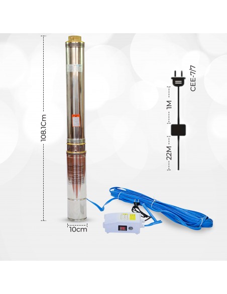 Grandmaster - Bomba De Agua Sumergible Para Pozo, 1100W/1.5CV, 6m3/h, Acero Inoxidable, Profundidad Máxima 40m, Cable Eléctrico 22m, 2850RPM, IP68, Bomba Eléctrica 1,5" , 16 Impulsores
