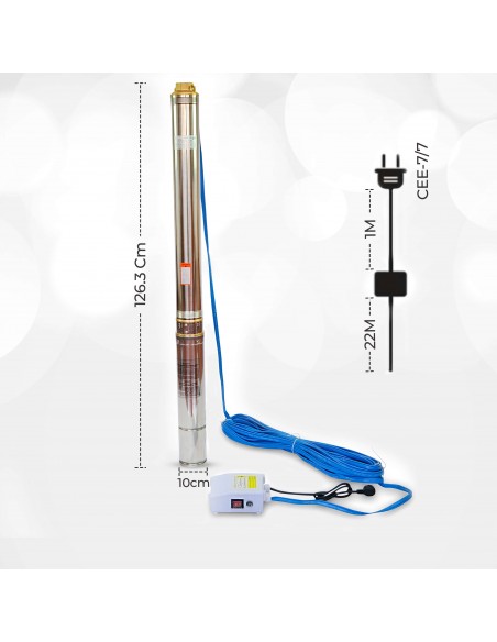 Grandmaster - Bomba De Agua Sumergible Para Pozo, 2200W, 5,7m3/h, Acero Inoxidable, Profundidad Máxima 40m, Cable Eléctrico 22m, 2850RPM, IP68, Bomba Eléctrica 1,5", 26 Impulsores De Plastico